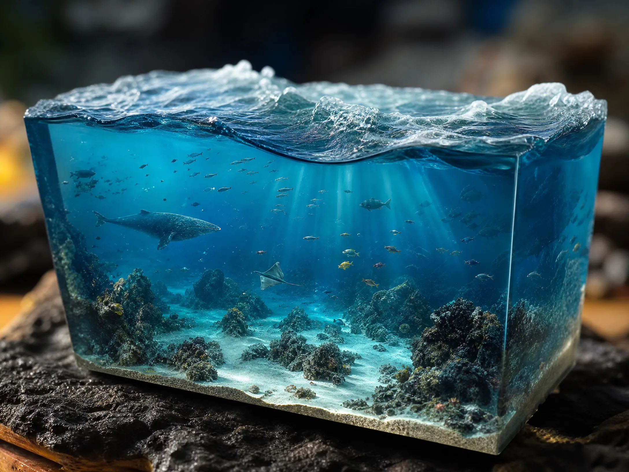 环氧树脂深海截面微缩造景，蓝色海水与波浪